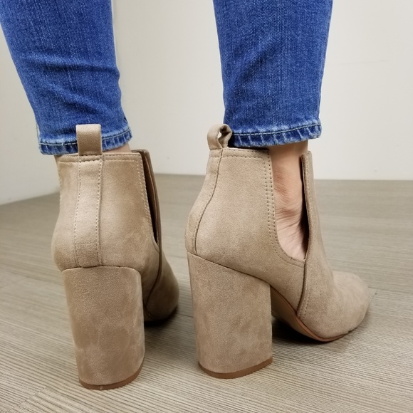 Vegan Suede Tan Cute Ankle Boots W/ Open Sides - Picture 5 of 8